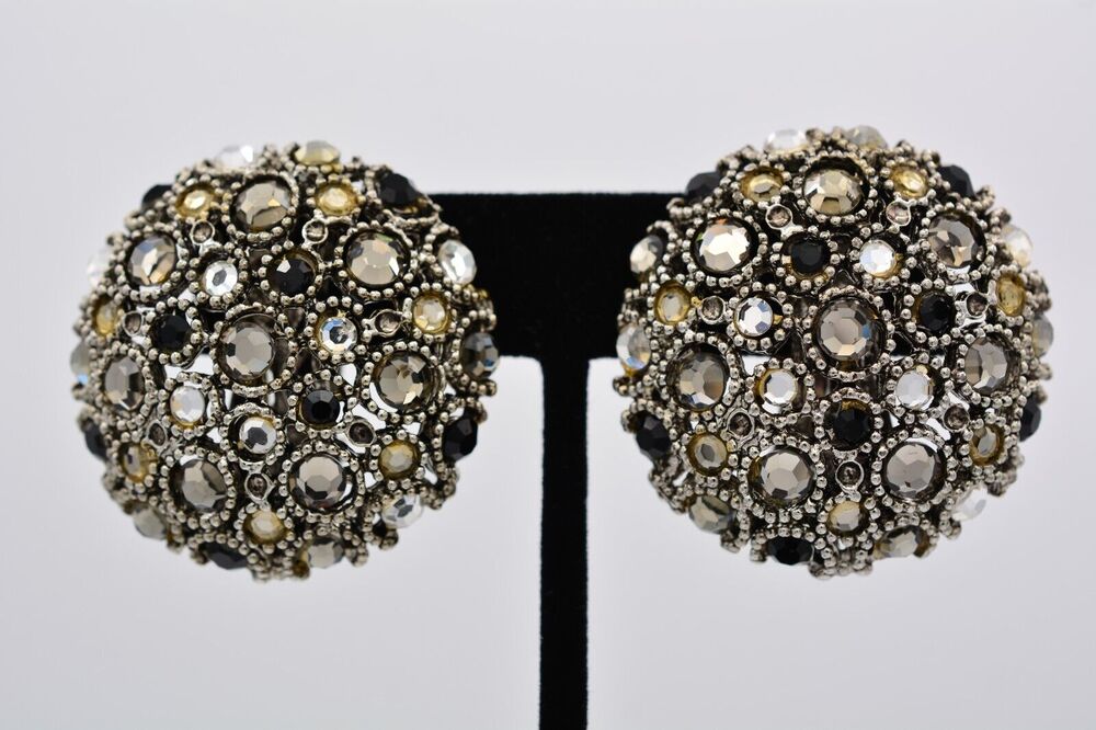Craft Crystal Clip On Earrings Black Gray Gunmetal Round Chunky Signed 80s BinAO